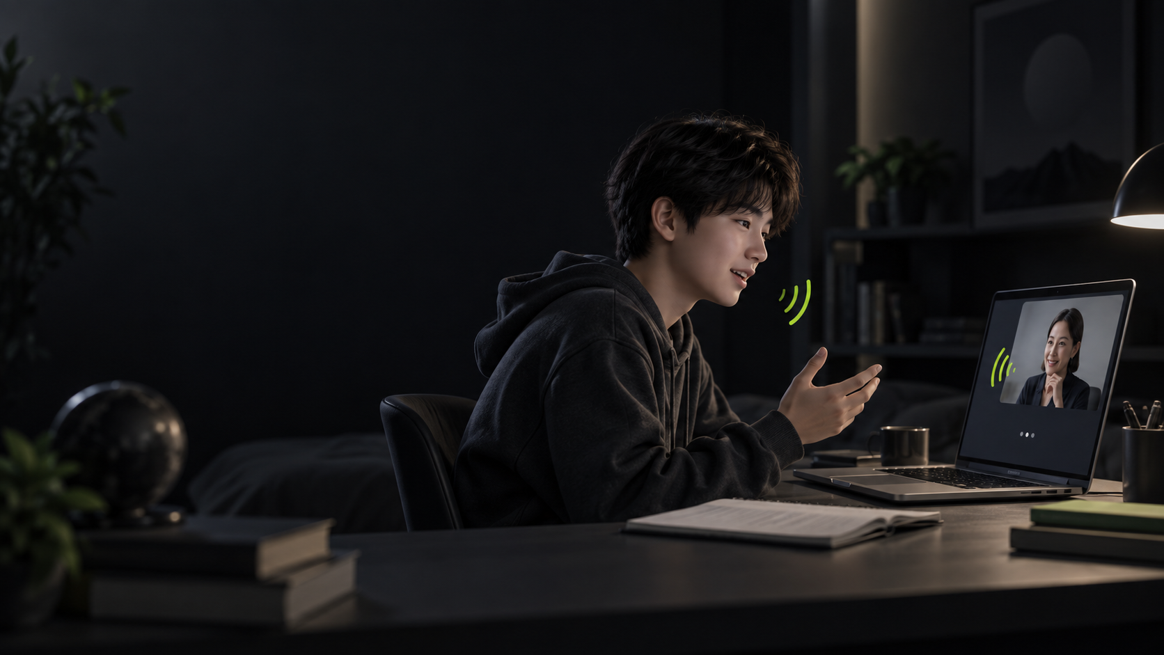 线上一对一语言辅导的概念插图,学生通过视频与教师对话